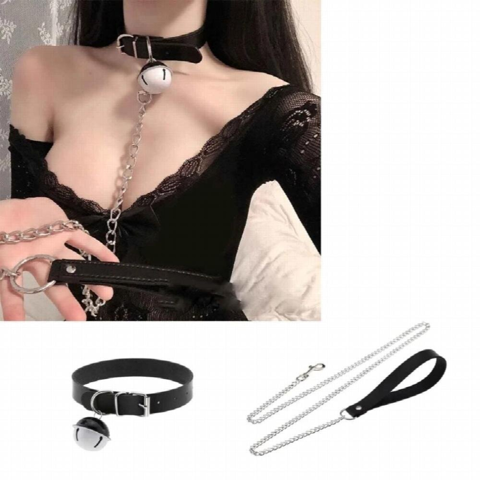 White Punk Gothic Choker Necklace Leather Collar Choker Punk Hauling Chain Bell Choker Collar Necklace Adjustable Size