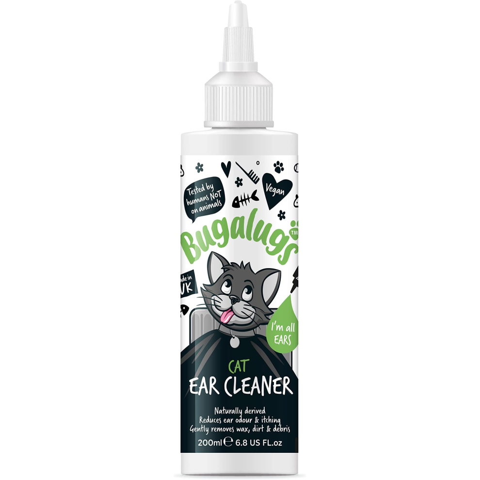 BUGALUGS Cat Ear Cleaner Solution Stop Head Shaking, Itchy & Waxy Ears, Vet Recommended Cat Ear Drops, Naturally Derived Ear Cleaner (200ml)