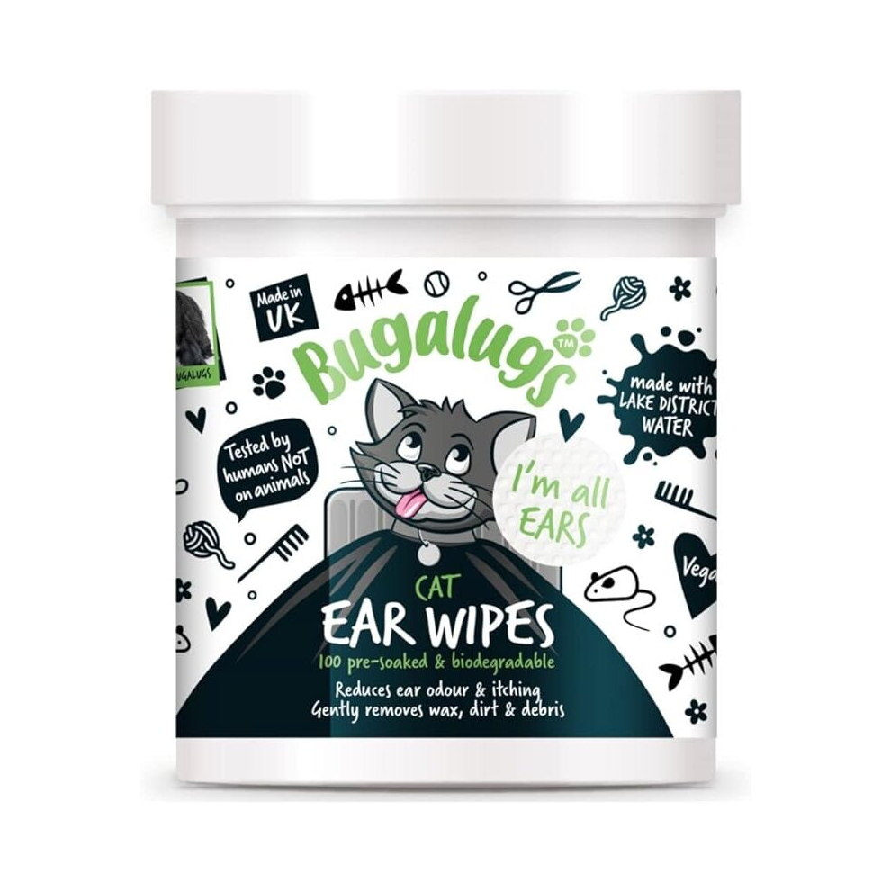 Bugalugs Cat Ear Cleaner Cat Wipes 100 Biodegradable Textured Pre-Soaked Wipes. Pet Wipes Cat Ear Cleaner Solution Stops Head Shaking (100 Wipes)