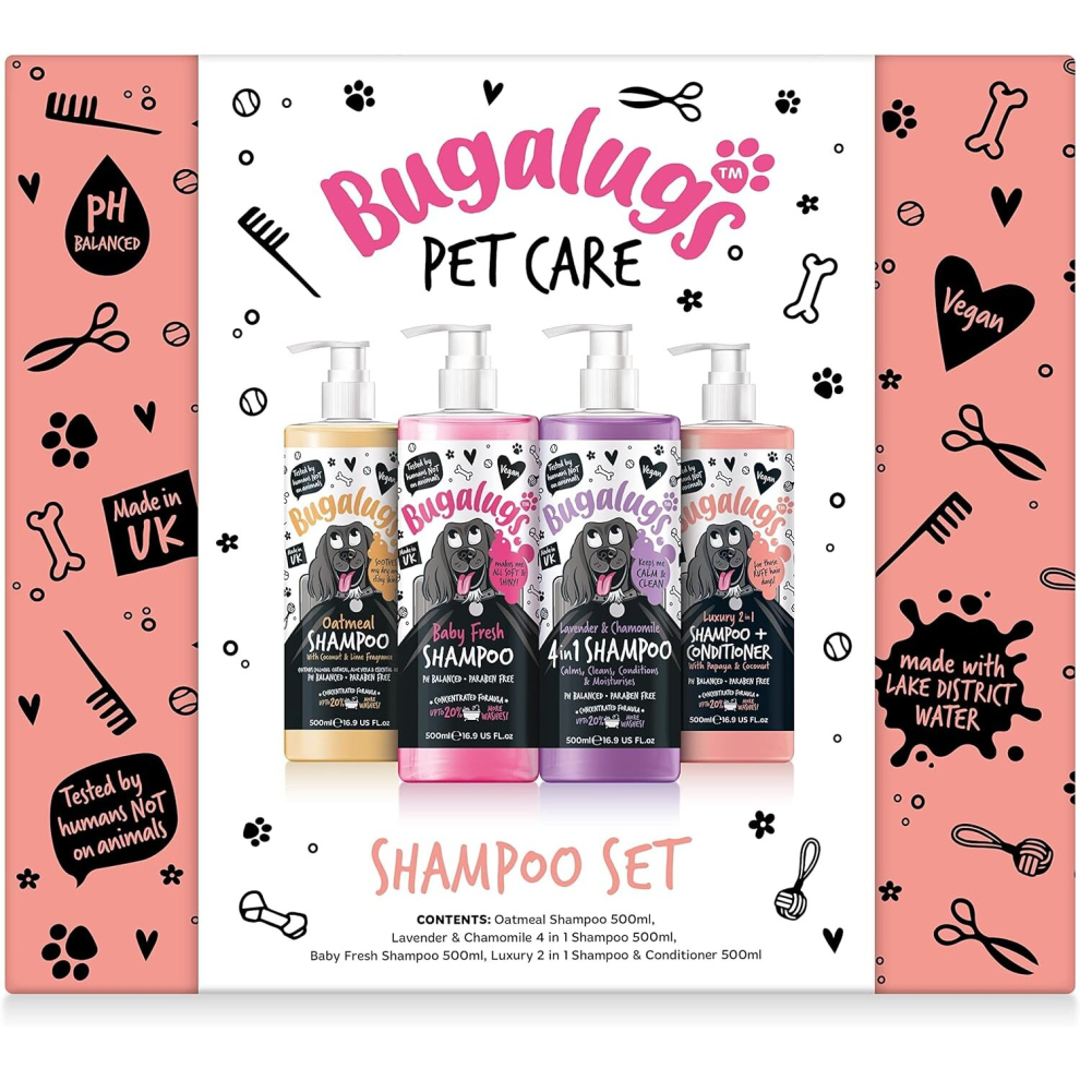 Bugalugs Spa Gift Set For Dogs With 4x Dog Shampoo, Dog Birthday Present, Puppy Dog Birthday, Gifts For Women, Gifts For Men,Dog Grooming Kit 4x 500ml