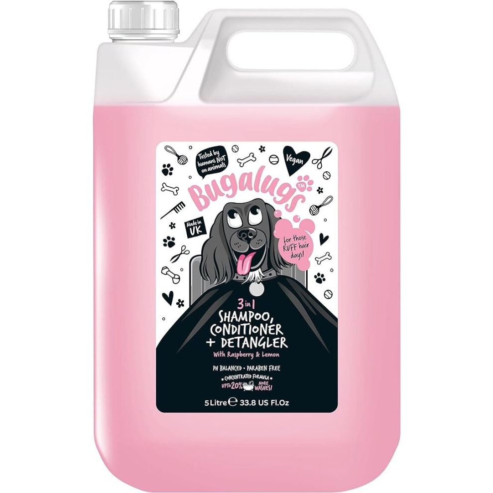 BUGALUGS Dog Shampoo 3 in 1 shampoo, Conditioner & Detangler - Raspberry & Lemon dog perfume grooming products for smelly dogs ( 5 Litre)