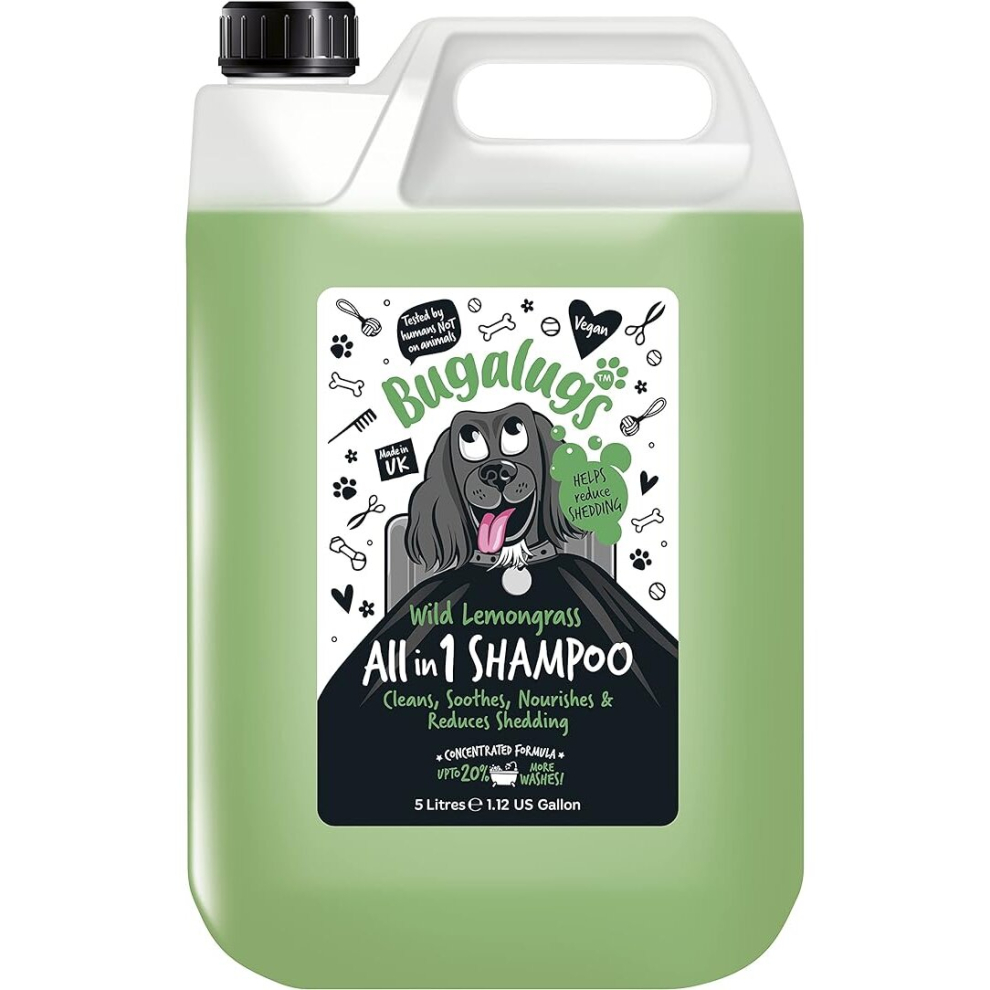 Bugalugs Dog Shampoo All In 1 Shampoo & Conditioner Dog Grooming Products For Smelly Dogs With Fragrance, Best Vegan Pet Puppy Shampoo (5 Litre)