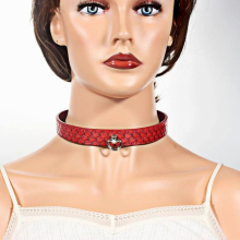 Romantic Red Glossy Scales Leather Button Buckle Cosplay Choker Collar Necklace