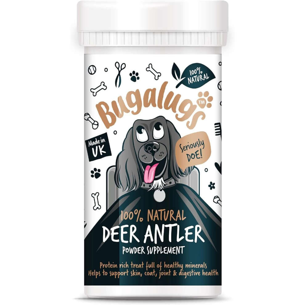 Bugalugs Deer Antlers Supplement Dog Food Toppers Powder For Dogs & Puppy, High In Protein Dog Food, Fibre, Vitamins & Minerals. Dog Supplement (70G)