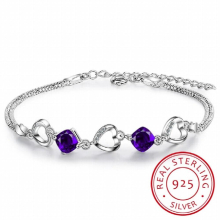 Heart Connected Charm Bracelet Women Real Silver Double Bracelet 925 Sterling Silver Jewelry Purple Stone Zirconina