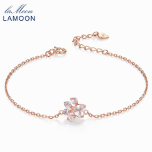 LAMOON- Paw 5X5.5mm 100% Natural Heart Pink Rose Quartz 925 Sterling Silver Jewelry Chain Charm Bracelet S925 LMHI005