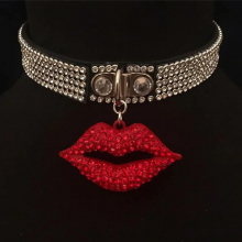 Punk Gothic Leather Choker Fetish Collar Crystal Red Lip Mouth Collar Necklace BDSM Cosplay Collar