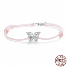 Adjustable 925 Sterling Silver Crystal Butterfly Charm Bracelet Pink Women Jewellery Gift