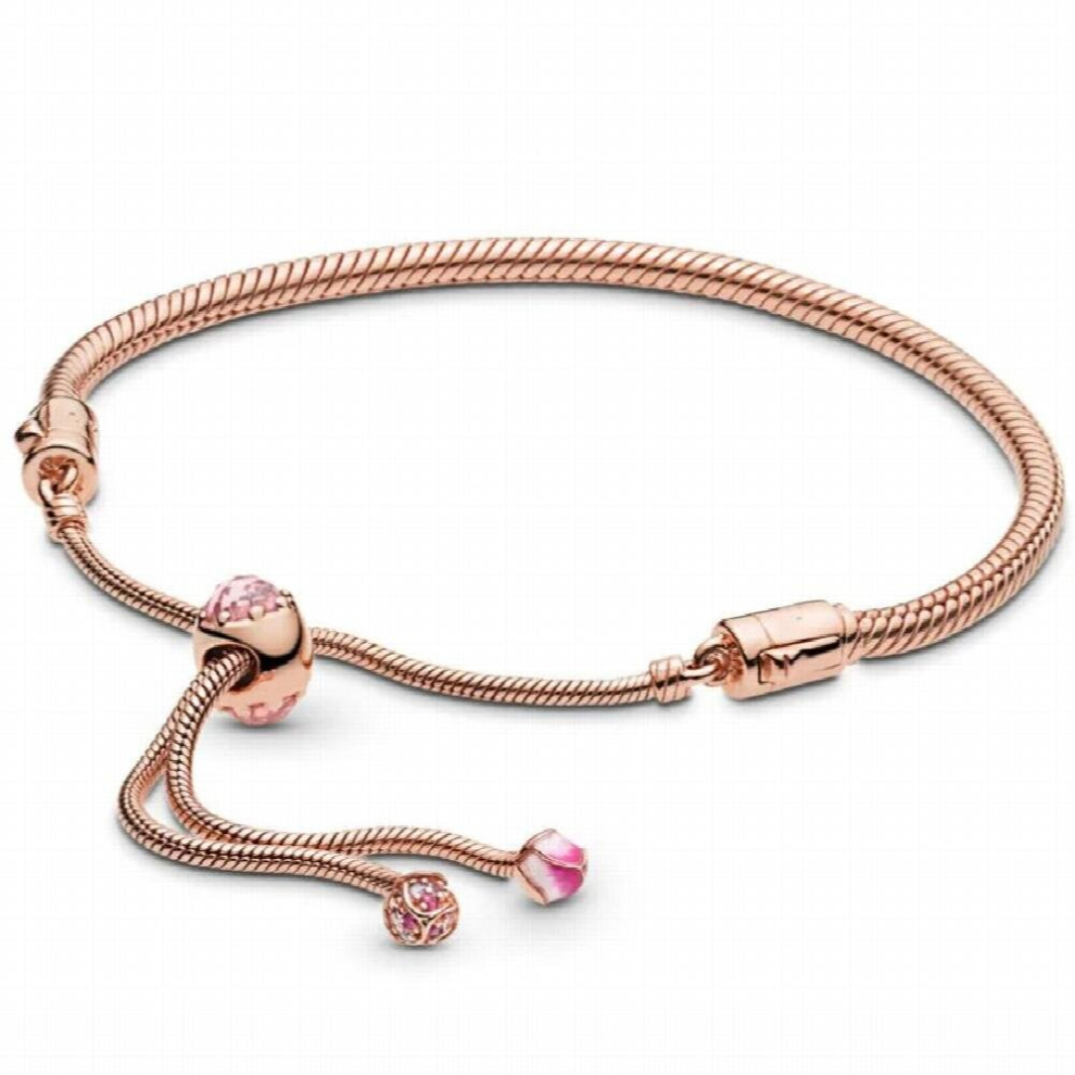Rose Castle Peach Blossom With Crystal Adjust Bracelet 925 Sterling Silver Bangle Fit Europe Bead Charm Jewelry