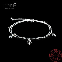 Newest 925 Sterling Silver Double Layer Small Ball Chain Anklet Lucky Clover Pendant Anklets Bracelet For Women Jewelry