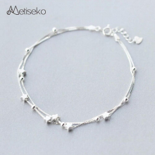 925 Silver Stars & Round Beads Anklet Double Layers Pure Silver Anklet Fine Jewelry for Women Girls Party Beach