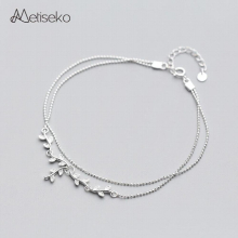 925 Sterling Silver Double Layers Anklet Bracelet for Women Tree Branch Leaves & Silver Beads Chain Anklet Foot Beach
