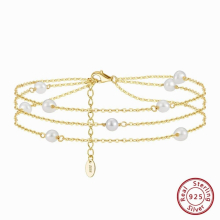 Triple Layered Natural Pearls Anklet for Women 925 Sterling Silver Summer Vintage Foot Ankle Straps Jewelry SA52