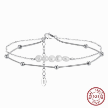 925 Sterling Silver Layered Cable Chain&Pearl Anklets for Women Summer Fasion Foot Bracelet Ankle Straps Jewelry SA50