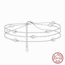 925 Sterling Silver Three Layered Natural Pearls Anklets for Women Foot Bracelet Ankle Straps Jewelry SA52