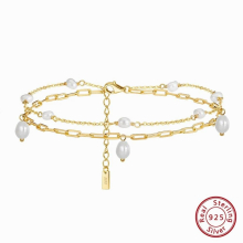 14K 925 Sterling Silver Double Layered Pearls Anklet for Women Summer Foot Ankle Straps Jewelry SA51