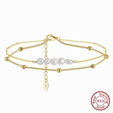 14K 925 Sterling Silver Layered Cable Chain&Pearl Anklets Summer Foot Bracelet Ankle Straps Jewelry SA50