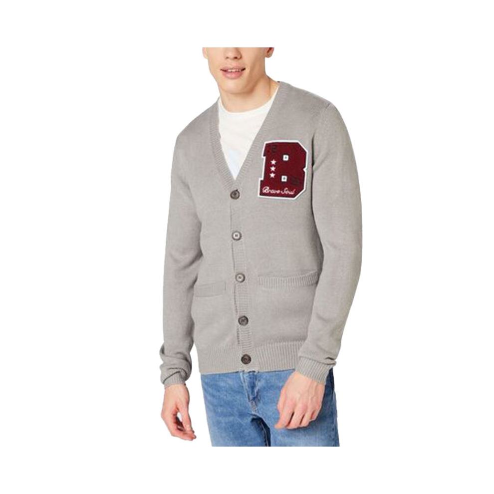 (Silver Grey, L) BRAVE SOUL Mens Cardigan Long Sleeve Open Front Regular Knitted Warm Button Top