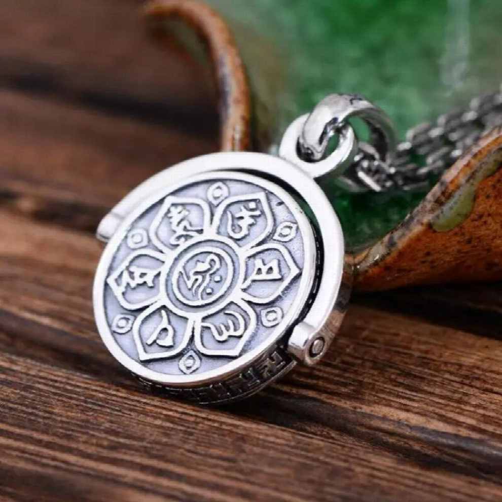 925 Sterling Silver Jewelry Six Words Pendant Om Mani Padme Hum Rotatable Shifting Lucky Vintage Buddha Jewelry Silver,Multicoloured