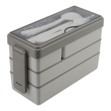 (Khaki) Bento-Style Plastic Lunch Box with Cutlery 3-Layer