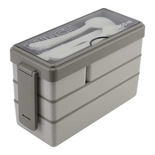 Living And Home (Khaki) Bento-Style Plastic Lunch Box with Cutlery 3-Layer