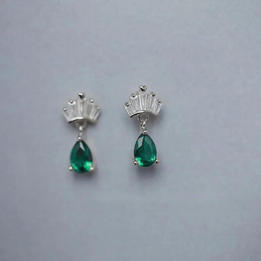 Silver Crown Stud Earrings Green Water Drop Zircon Small Earrings Ladies French Retro Temperament Jewelry Gift