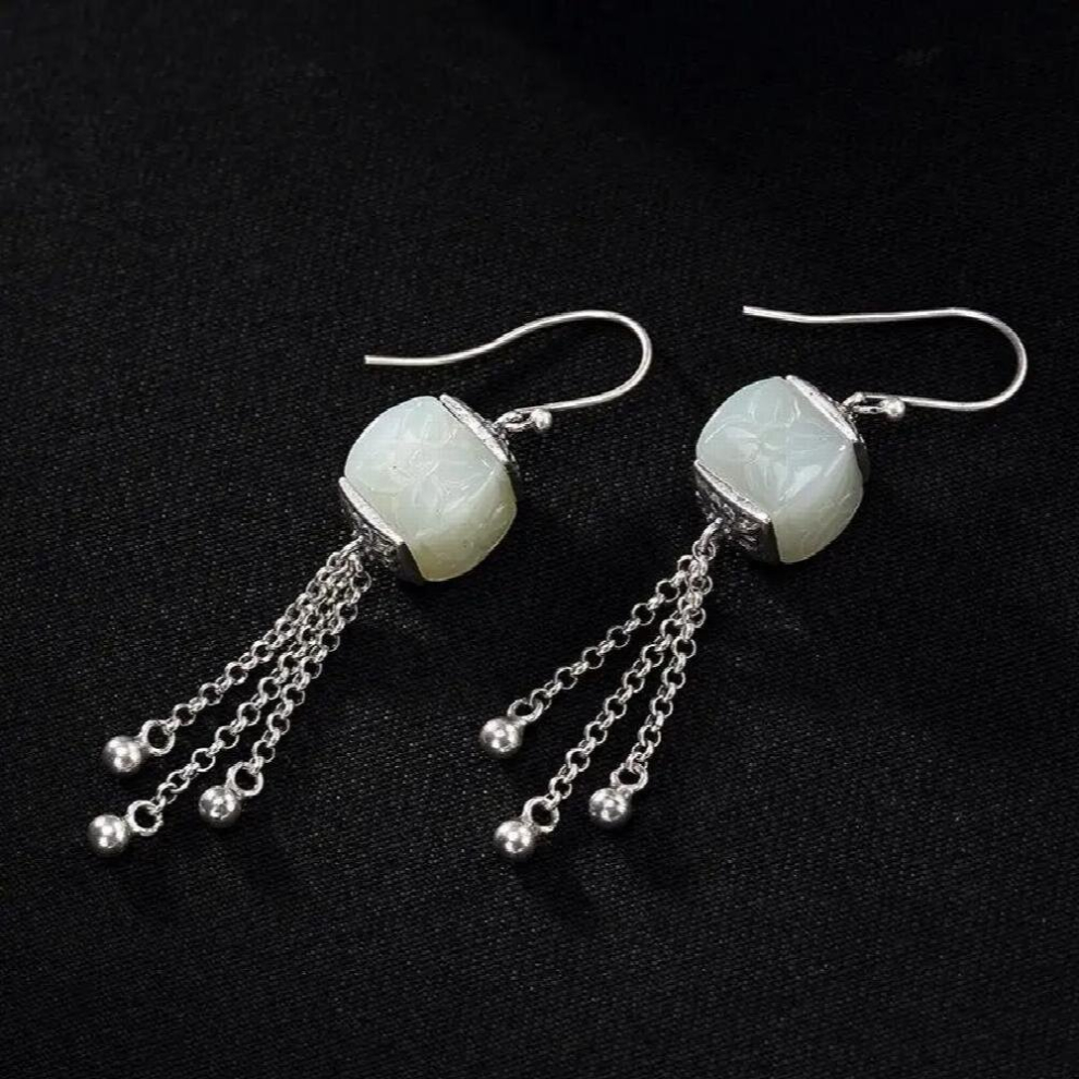 Independent retro inlaid Hetian jade pattern tassels for ladies high-end earrings silver jewelry-image-OPC-PCW6RZY-NEW