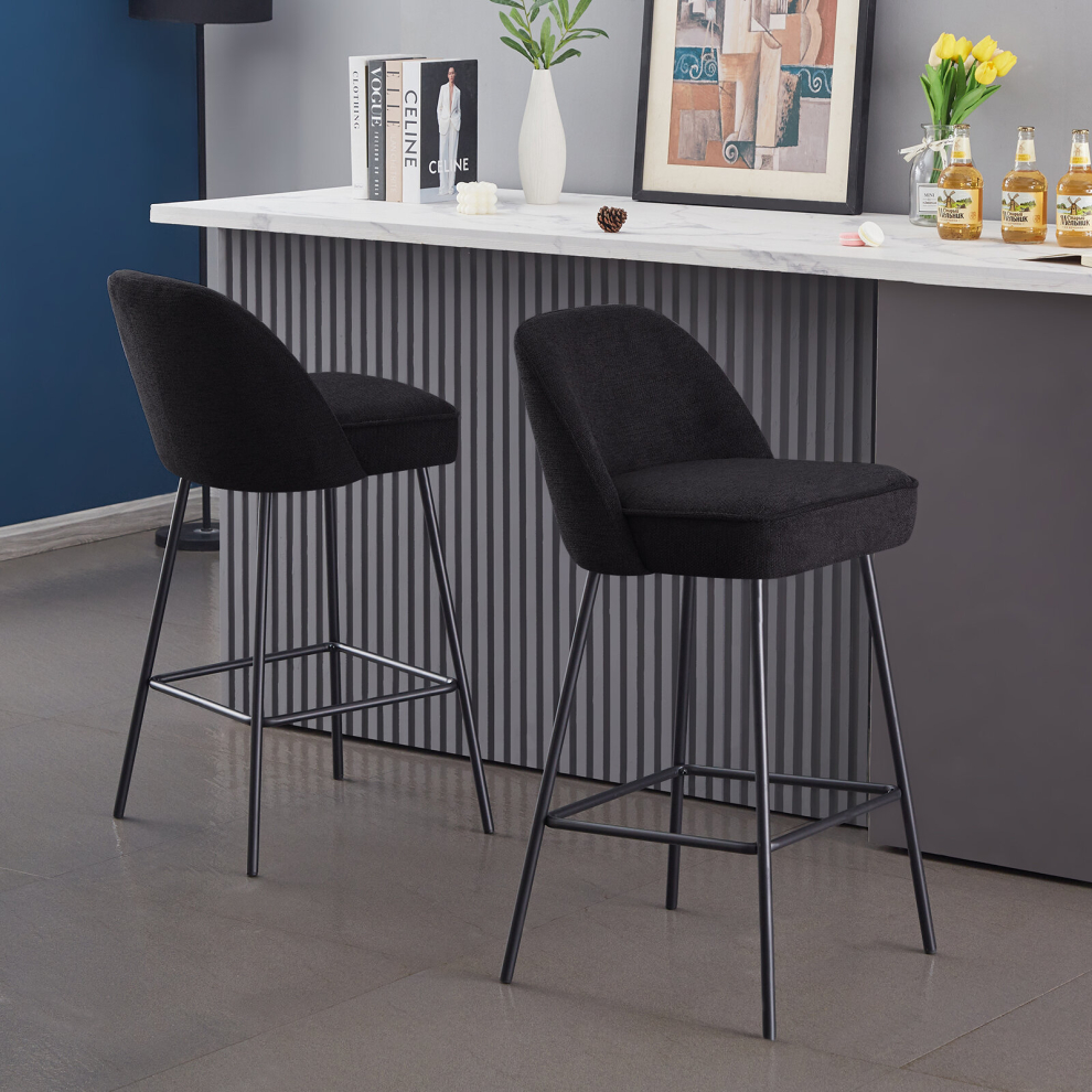 (BLACK) 2x Bar Stools Velvet with Spring Cushion