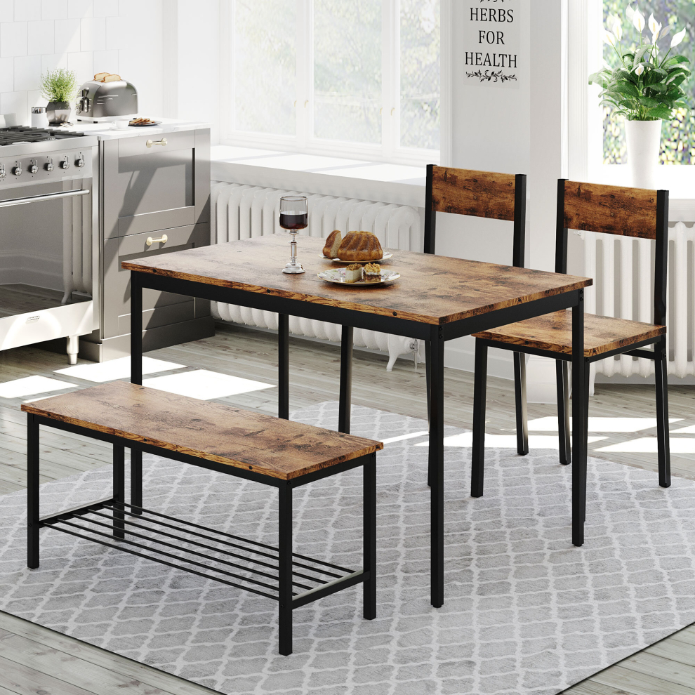 4pcs Dining Table and Chairs Set Wooden Bench Seat Metal Frame Kitchen