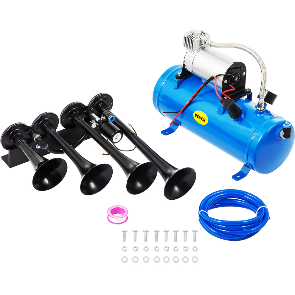 VEVOR Air Horn Truck Train Horns Kit 12 Volt with 6L Air Compressor 4 Trumpet 150db 