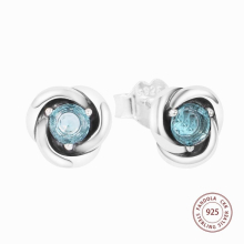 100% 925 Sterling Silver March Sea Aqua Eternity Circle Stud Earrings for Women Jewelry Ear Brincos in