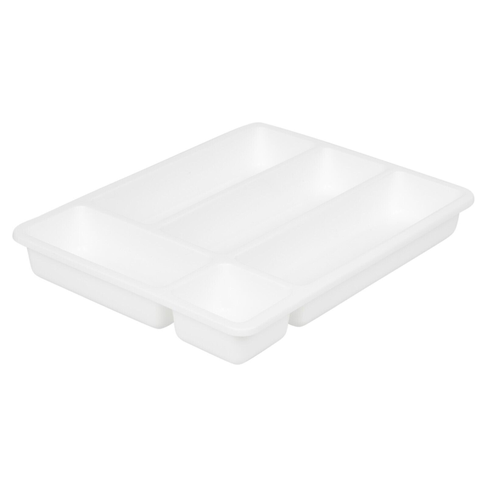 (White) Cutlery Holder Tray 5 Compartment Kitchen Plastic Flatware Utensils Organiser