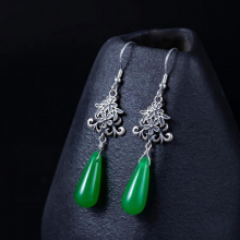 S925 sterling silver Retro Chinese green dry water drop earrings female diy ancient traditions old flower