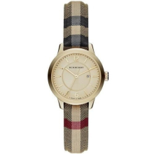 Burberry The Classic Damen Uhr Gold – 32 mm Edelstahlgehäuse Gelbgold-PVD, Schweizer Quarz, Datumsfenster, kratzfestes Glas, kariertes Stoffarmband