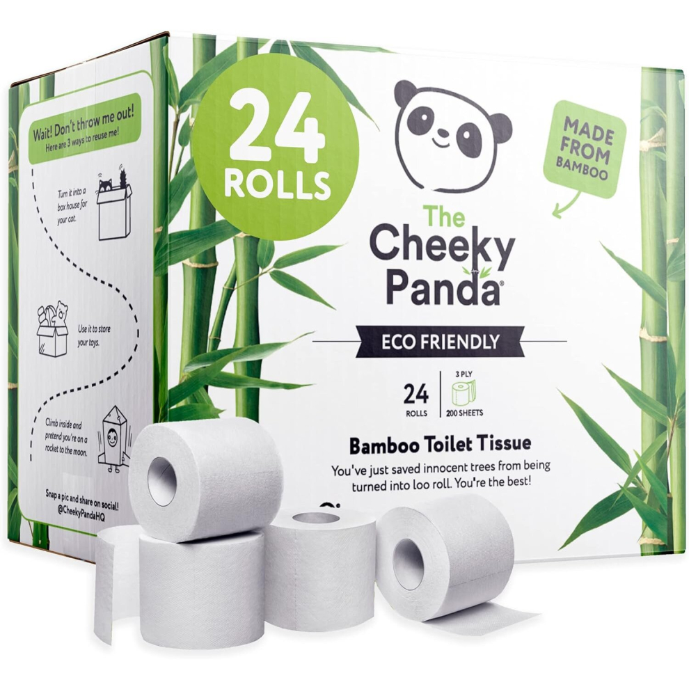 The Cheeky Panda Bamboo Toilet Rolls Bulk Buy 24 Rolls of 3 Ply Toilet Paper Plastic Free Packaging and Sustainable Tissue Paper White