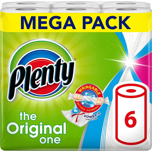 Plenty PLENTY Kitchen Towel, 6 White Rolls, 600 Sheets of Kitchen Roll, 2 Ply Tissue