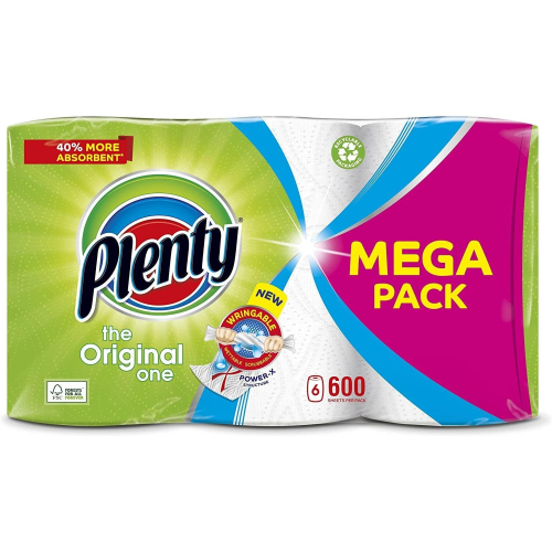 PLENTY Kitchen Towel, 6 White Rolls, 600 Sheets of Kitchen Roll, 2 Ply