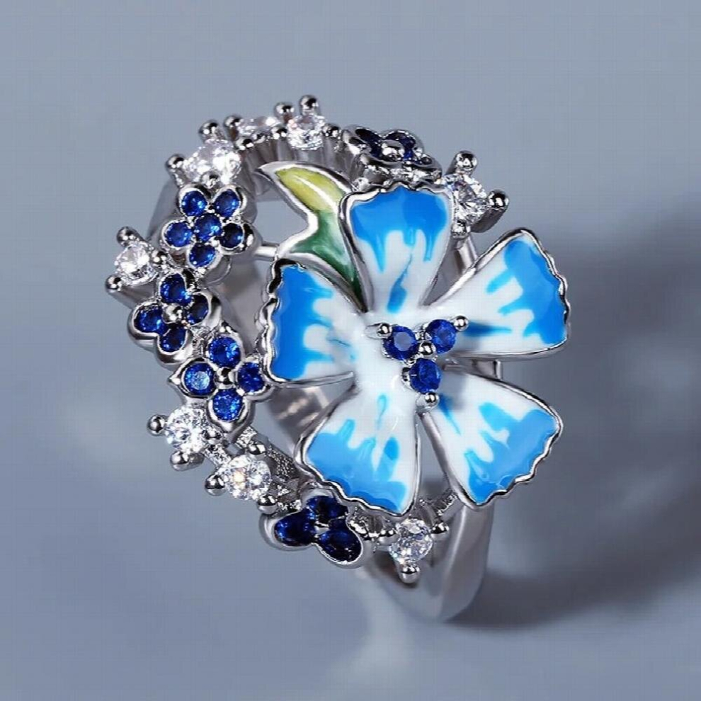 Ladies 925 Silver Ring Flower Ring Ethnic Style Enamel Ladies Jewelry Attending Party Ring wedding rings-image-OPC-PCW89Y9-NEW