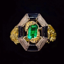 Retro Edward Secret Garden Emerald Leaf Ring Enamel 14K Yellow Plated Ladies Party Cocktail Open Rings