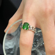 Thai Silver Eternity Square Lab Emerald Stone Open Ring Ladies Vintage Couple Ring Jewelry