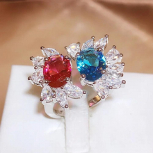 Hollow Flower Leaf Oval Ruby Sapphire Full Diamond Couple Ring For Women Geometric Zirconia Jewelry
