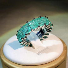 Stylish Paraiba Baguette Sapphire Full Diamond Couple Ring For Women Geometric ZirconValentine Gift Jewelry