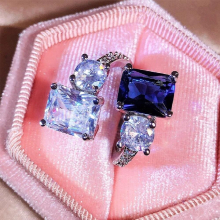 Creative Irregular Ice Cut Square Sapphire Full Diamond Couple Ring For Women Geometric Silver-Plated Anniversary Gift Jewelry