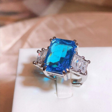 Sapphire Princess Rectangular Full Diamond Opening Adjustable Couple Ring For Women Girl Silver-plated Gift Jewelry