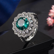 Full Zircon Moissanite Ring For Women Silver Teal Emerald Crystal Flower Ring Wedding Jewelry