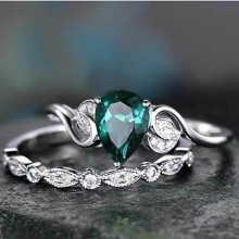 Cellacity 925 Silver Ring For Women Double Rings Set 2pcs/Lot With 6*8MM Water Drop Emerald Gemstones Engagement Fine Jewerly
