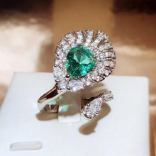 Emerald Peacock Feather Adjustable Ring for Women Zircon Unusual 925 Sterling Silver Jewelry