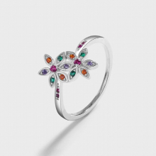 Creative Rainbow Emerald Ruby Double Flower Couple Ring For Women Sterling Silver Gift Jewelry