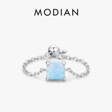 Square Opal Link Chain Adjustable Female Finger Rings Charm Ring For Women Fine Jewelry