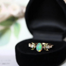 S925 Sterling Silver 14K Yellow Plated Opal Leaf Ring for Women Geometric Jewelry